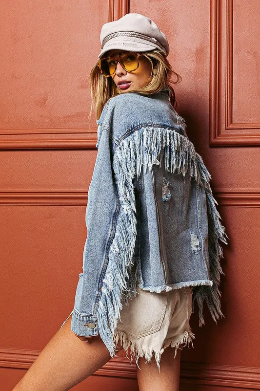Raw Edge with Fringe Detail Denim Jacket