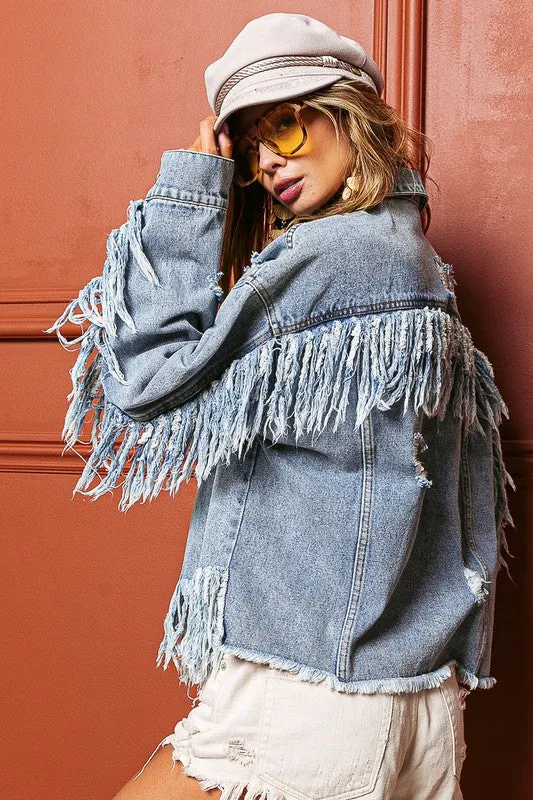 Raw Edge with Fringe Detail Denim Jacket