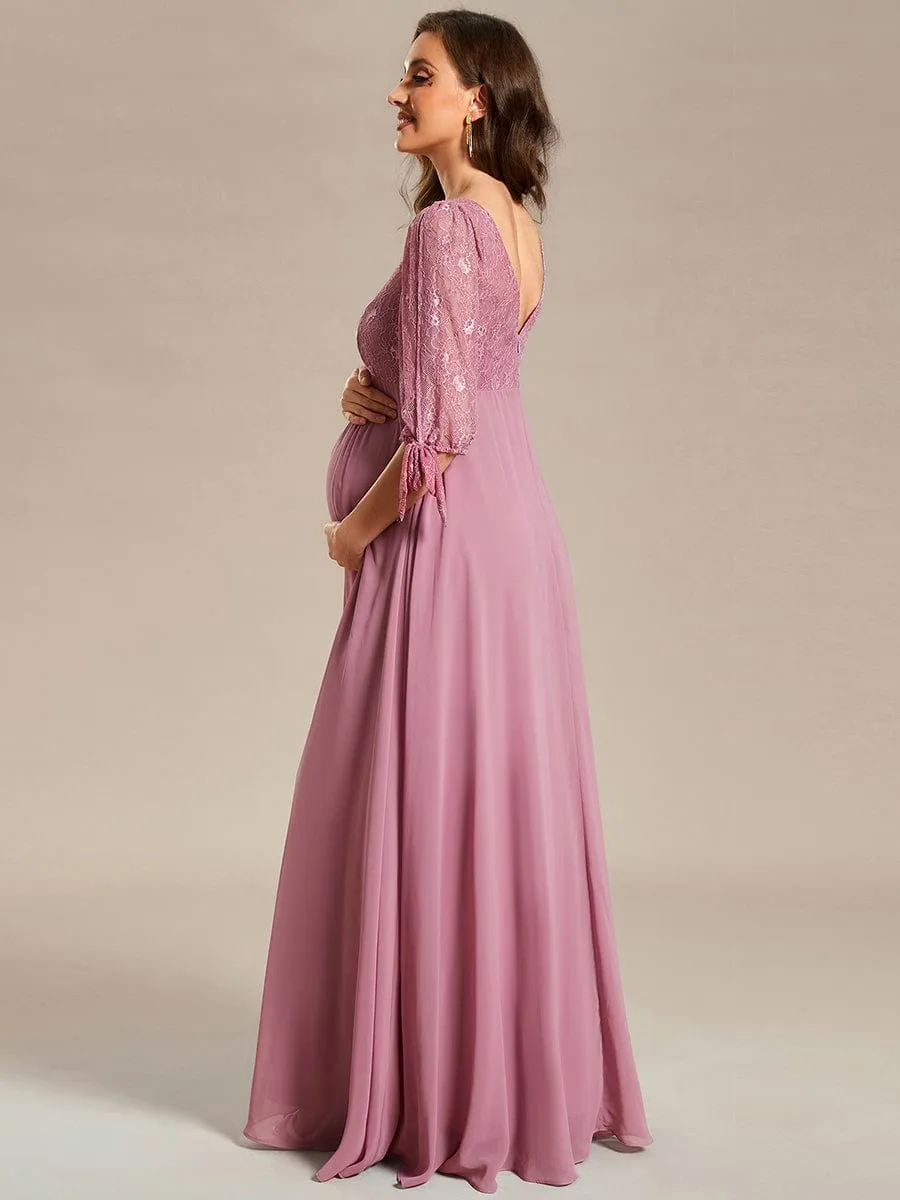 Round Neck Split Sleeve Lace Chiffon A-Line Maternity Dress