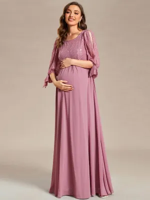 Round Neck Split Sleeve Lace Chiffon A-Line Maternity Dress