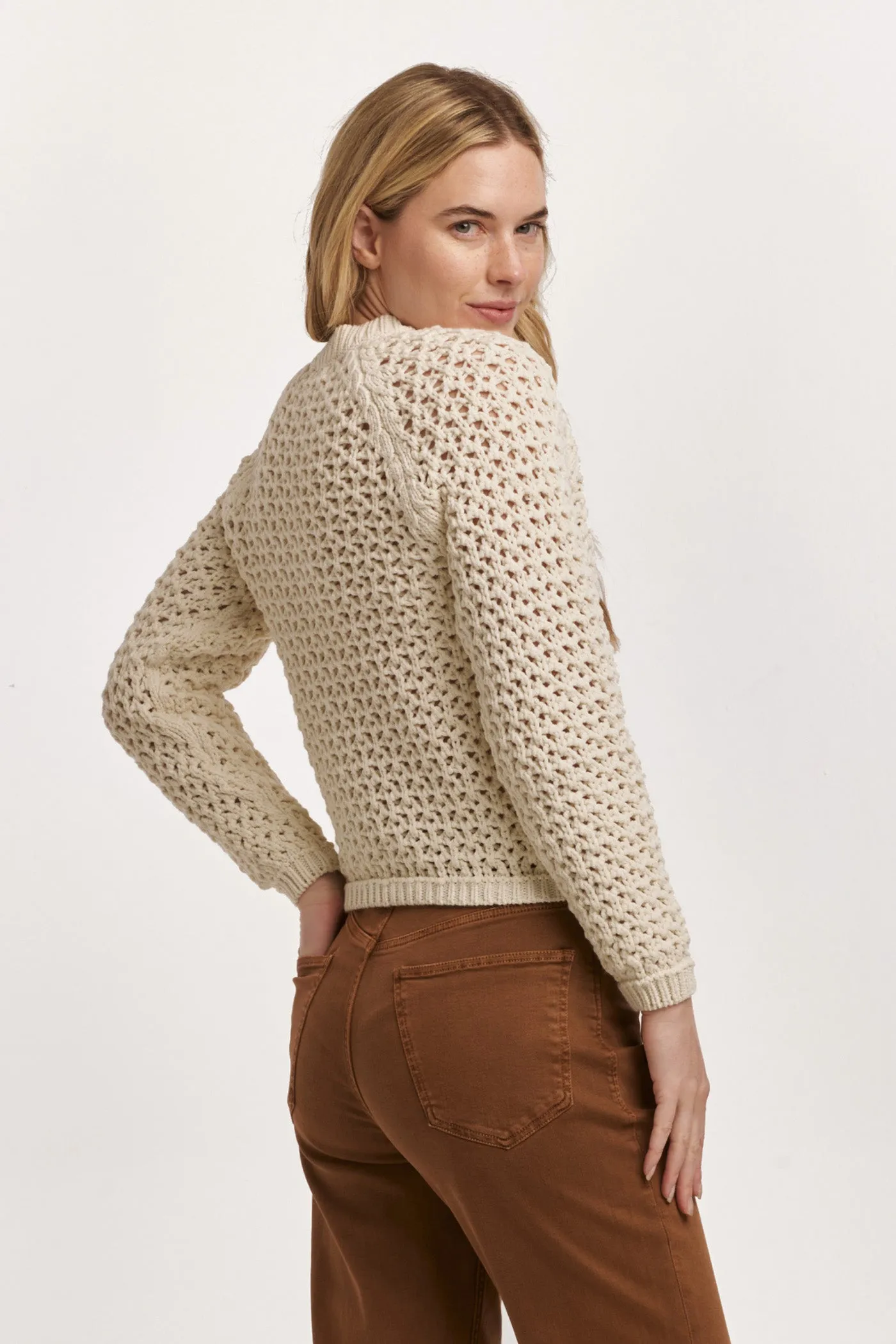 SARAFINA CREW NECK LONG SLEEVE EYELET SWEATER IVORY
