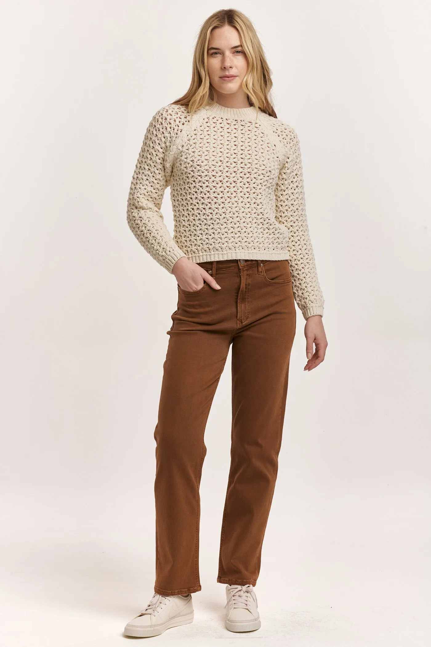 SARAFINA CREW NECK LONG SLEEVE EYELET SWEATER IVORY