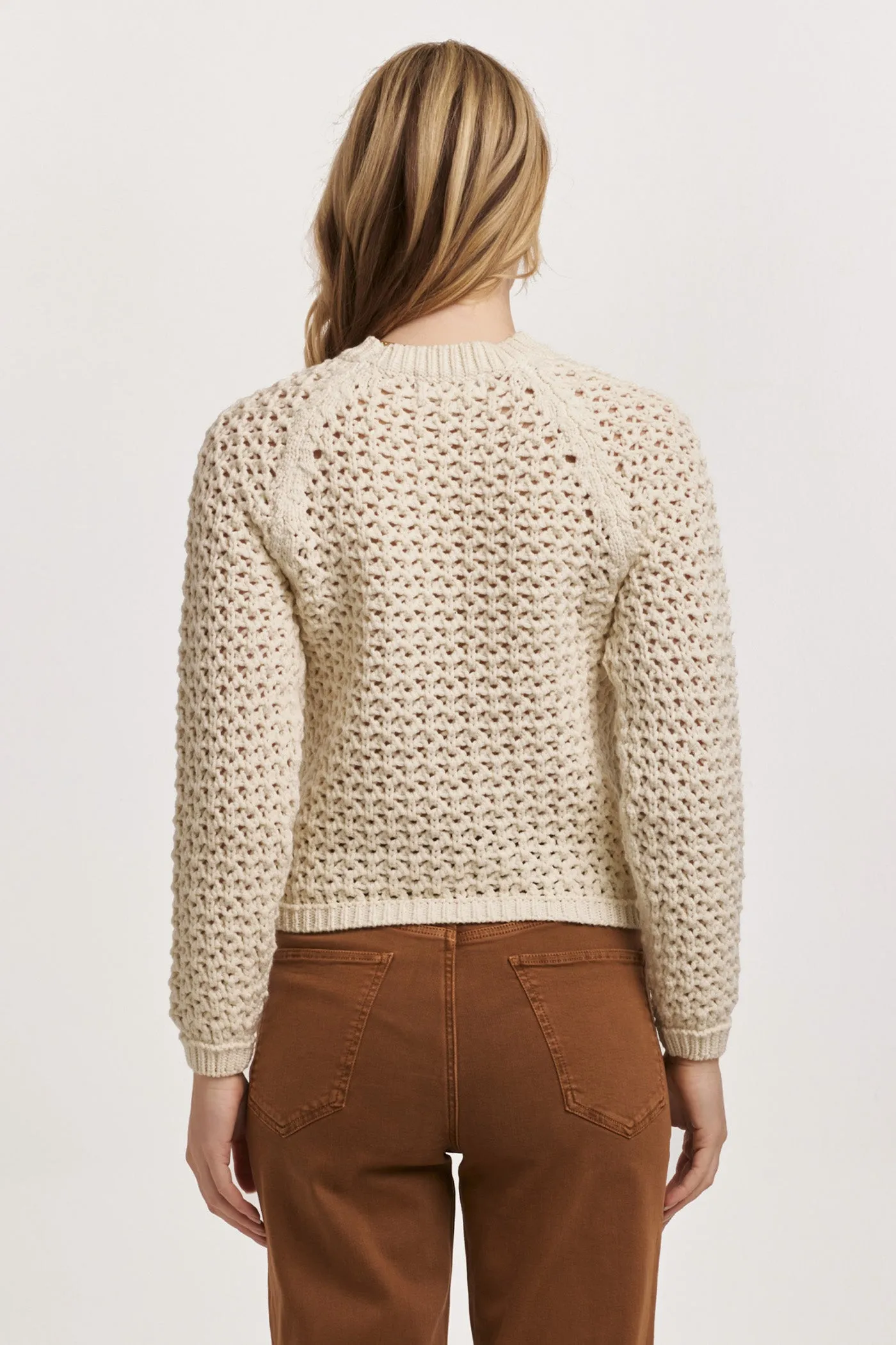 SARAFINA CREW NECK LONG SLEEVE EYELET SWEATER IVORY