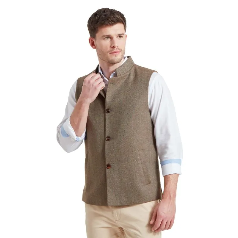 Schoffel Berwick Nehru Mens Tweed Waistcoat - Loden Green Herringbone Tweed