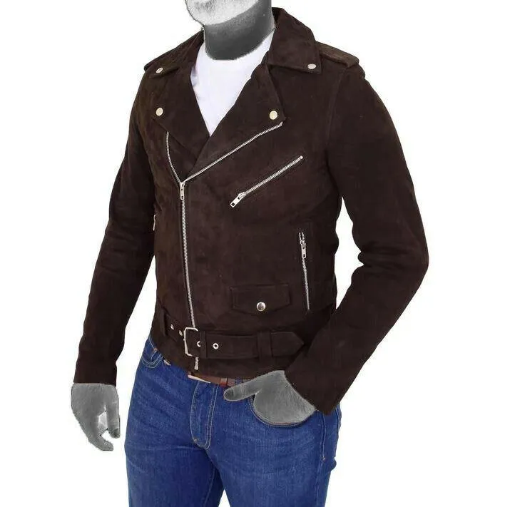 Spine Spark Fitted Brando Style Suede Leather Brown Jacket