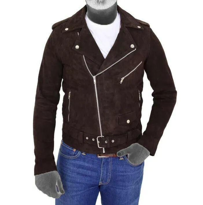 Spine Spark Fitted Brando Style Suede Leather Brown Jacket