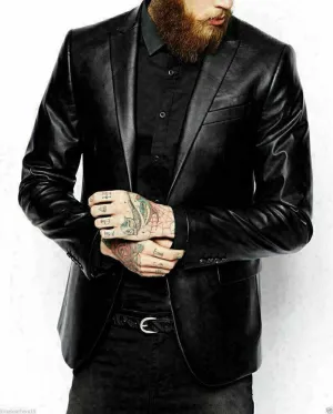 Spine Spark Men's Classic Stylish Black Leather Blazer Coat
