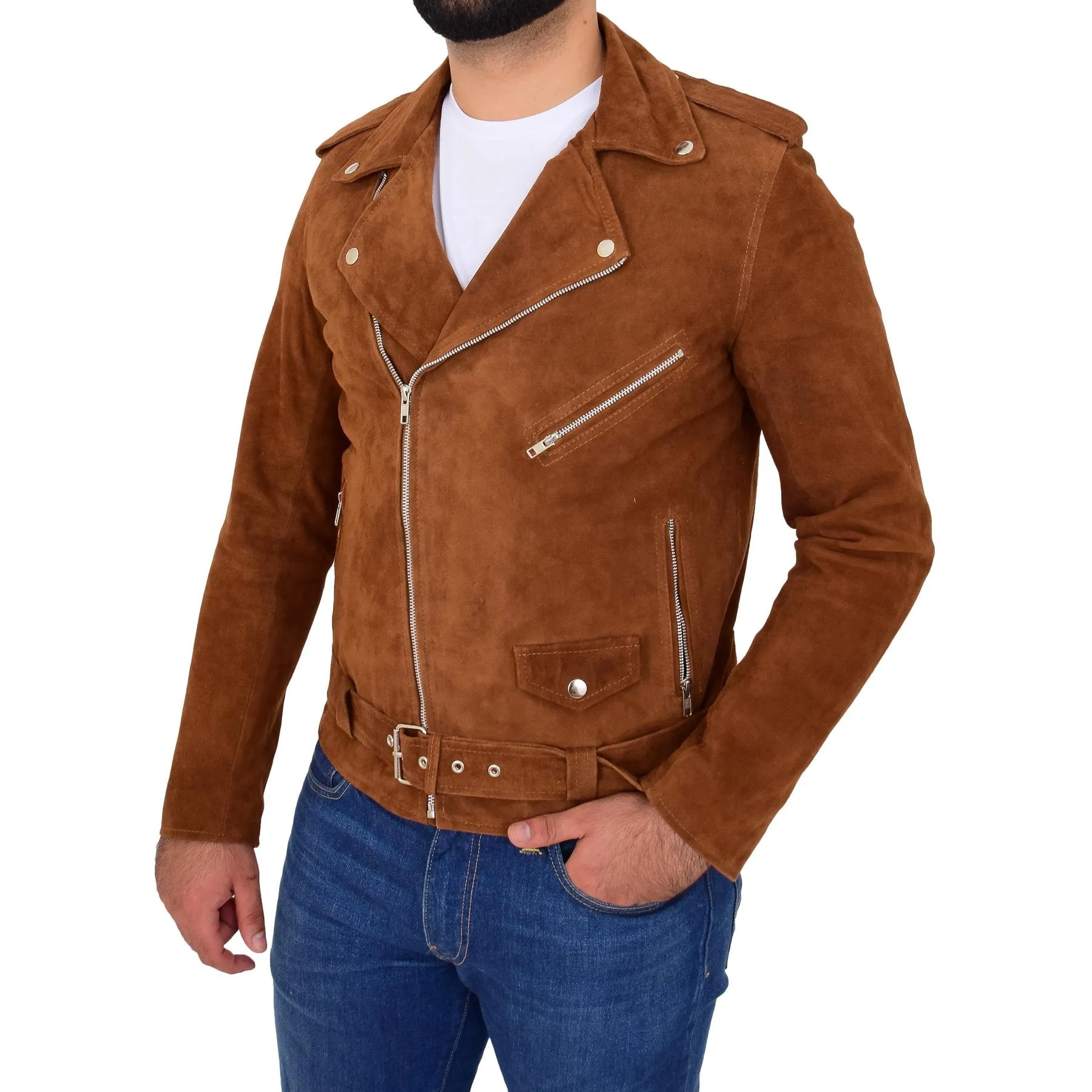 Spine Spark Men's Suede Leather Brando Style Biker Jacket