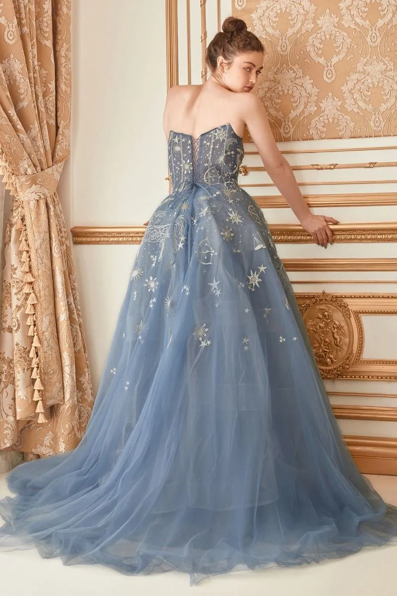 Stars Prom Dress Strapless Corset Back Ballgown. 740890HRR-DustyBlue Andrea & Leo A0890