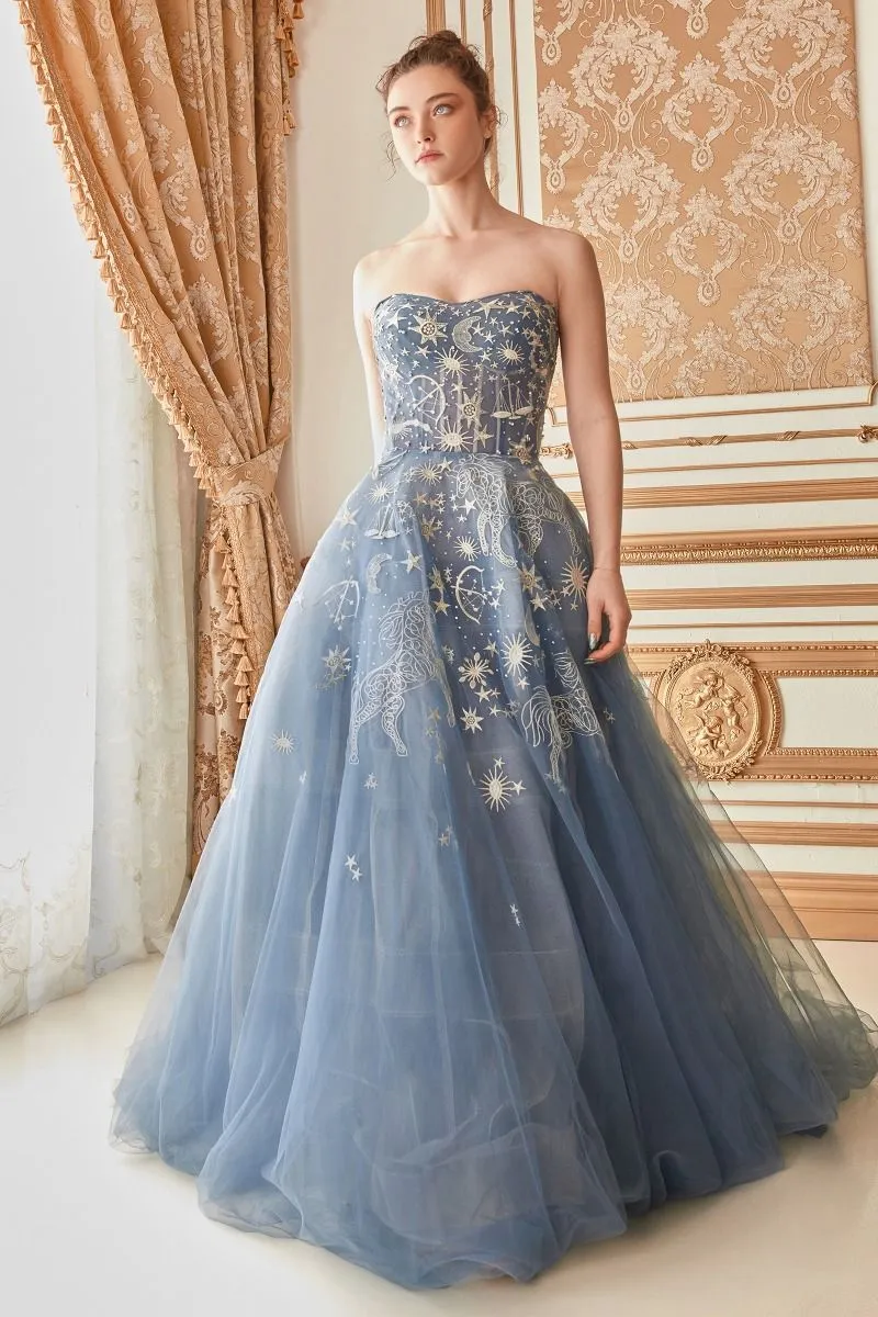 Stars Prom Dress Strapless Corset Back Ballgown. 740890HRR-DustyBlue Andrea & Leo A0890