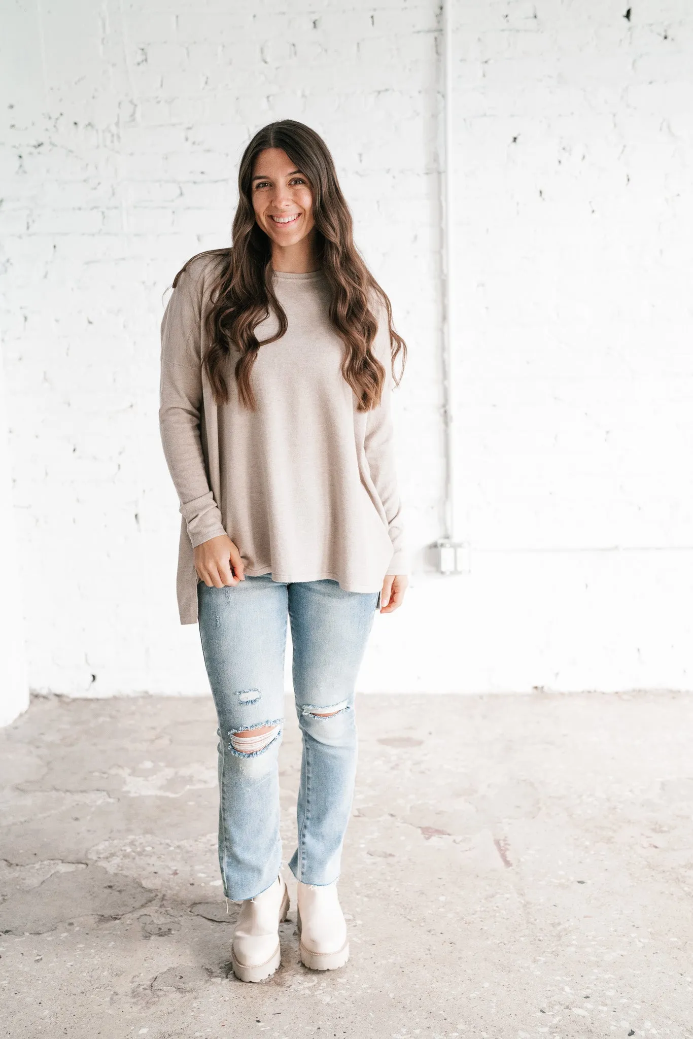 Stay Close Drop Shoulder Sweater - Latte