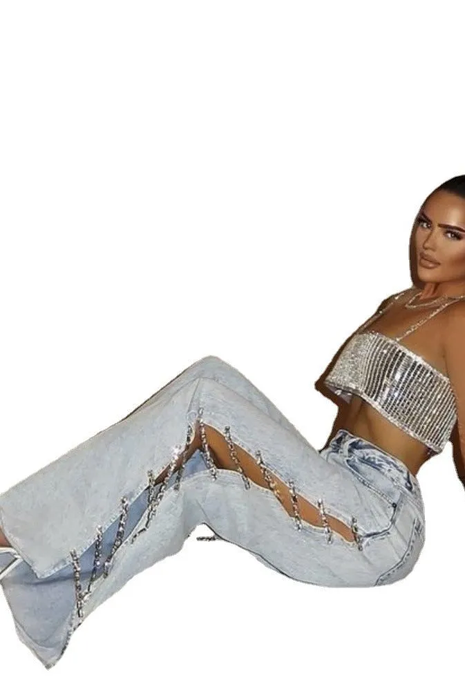 Straight-leg side hollow wide jeans