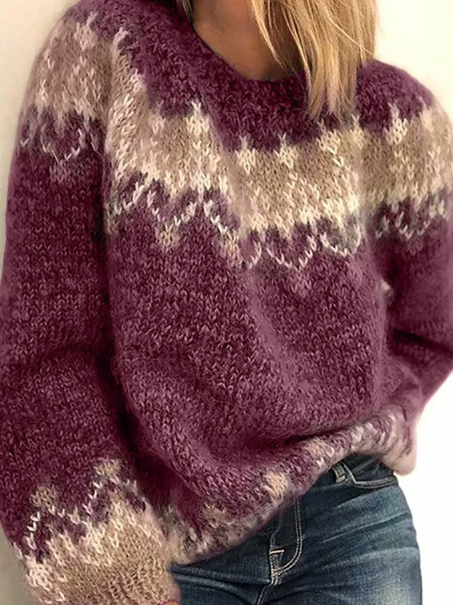 Stunncal Loose Mohair Chunky Knit Jacquard Sweater