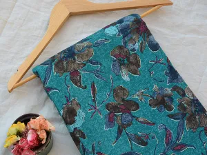 Teal Blue Floral Modal Premium Chanderi Silk Fabric