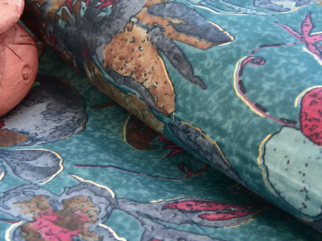 Teal Blue Floral Modal Premium Chanderi Silk Fabric