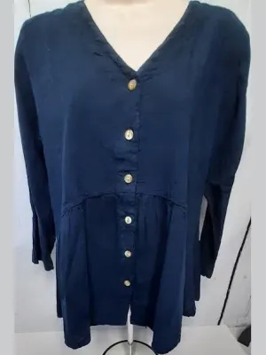 Top-Button Front V-Neck-Long Sleeve-Dark Blue-Women's S-1677