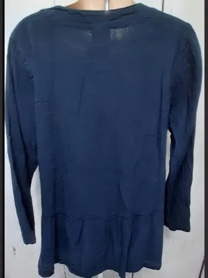 Top-Button Front V-Neck-Long Sleeve-Dark Blue-Women's S-1677