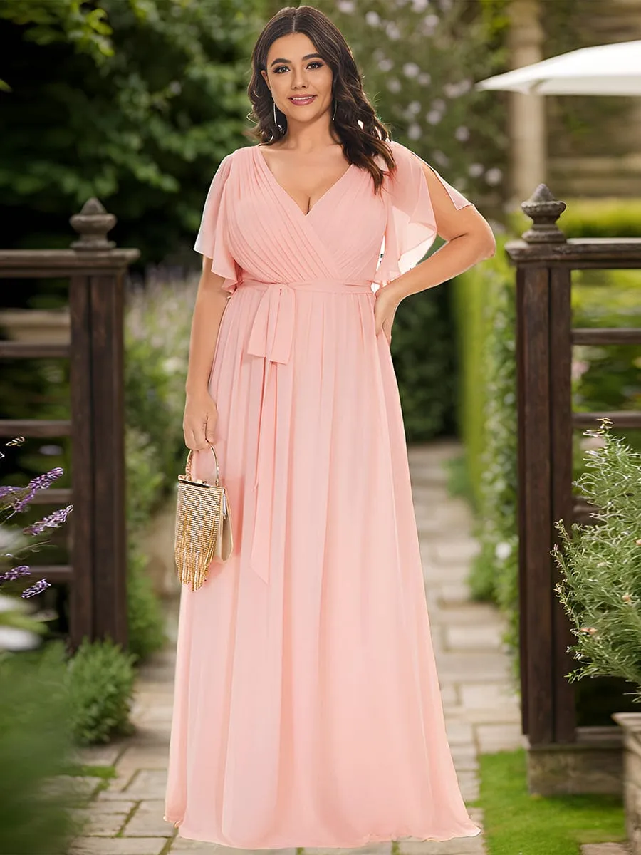 V-Neck Flutter Sleeve Floor-Length A-Line Chiffon Evening Dress