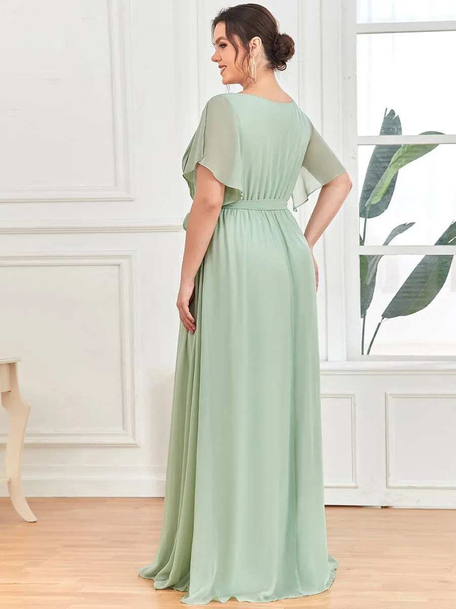 V-Neck Flutter Sleeve Floor-Length A-Line Chiffon Evening Dress