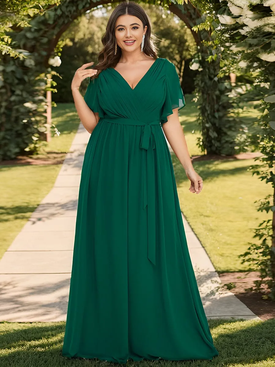 V-Neck Flutter Sleeve Floor-Length A-Line Chiffon Evening Dress