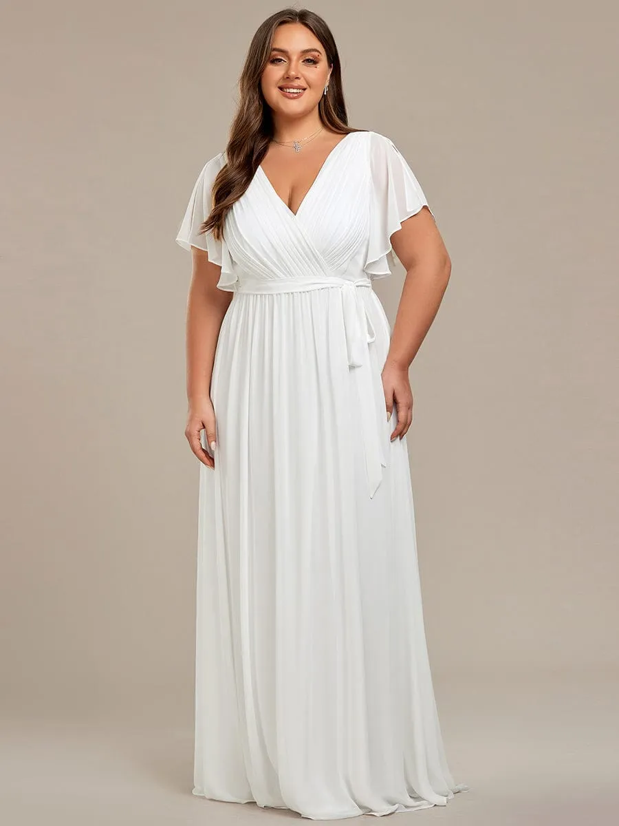 V-Neck Flutter Sleeve Floor-Length A-Line Chiffon Evening Dress