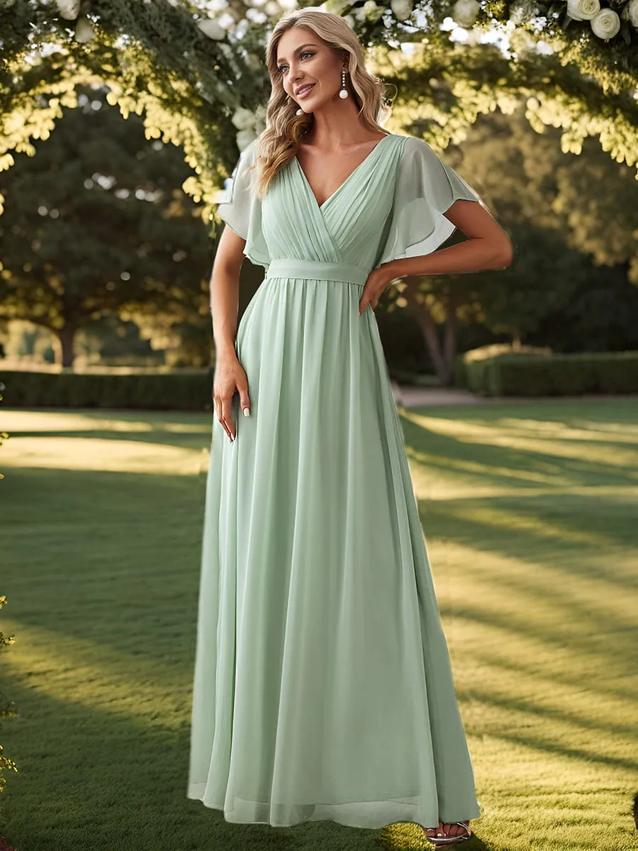 V-Neck Flutter Sleeve Floor-Length A-Line Chiffon Evening Dress