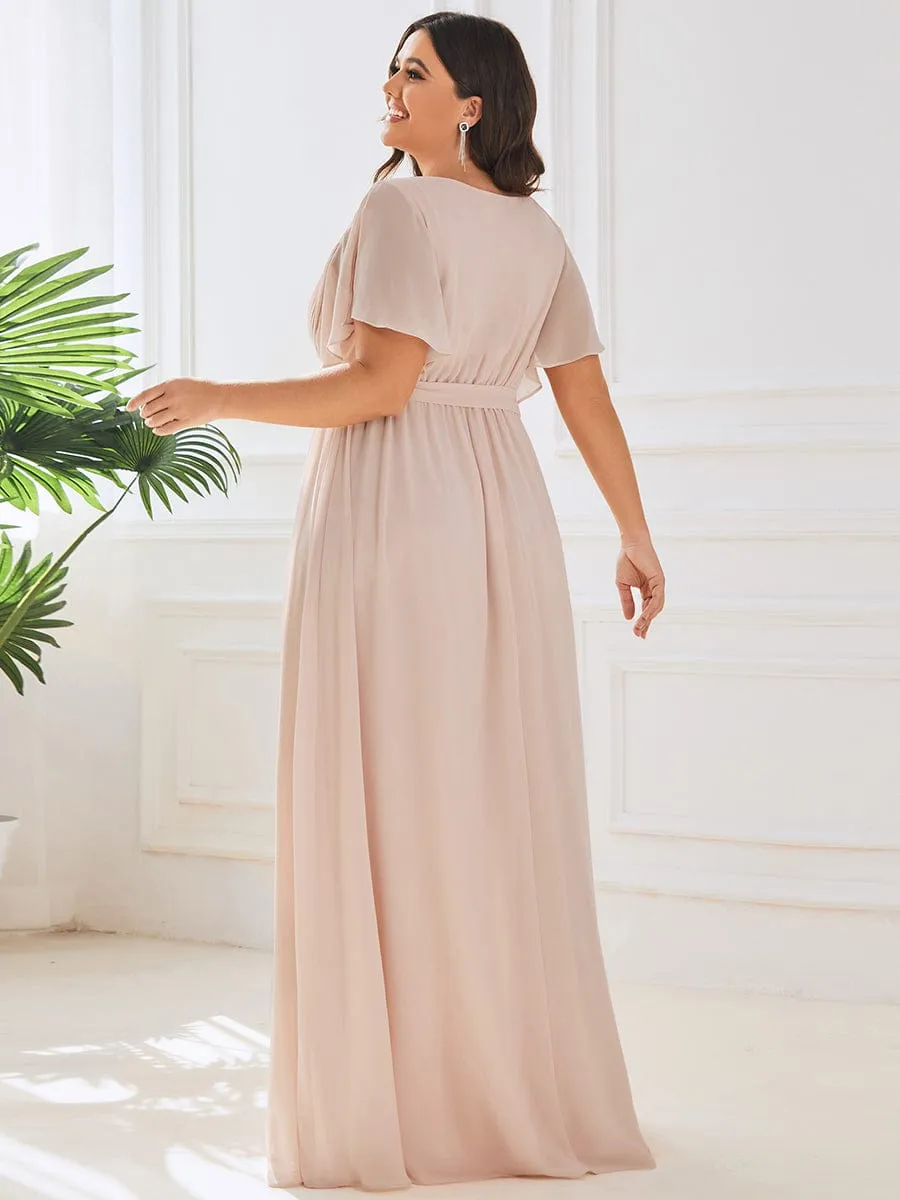 V-Neck Flutter Sleeve Floor-Length A-Line Chiffon Evening Dress