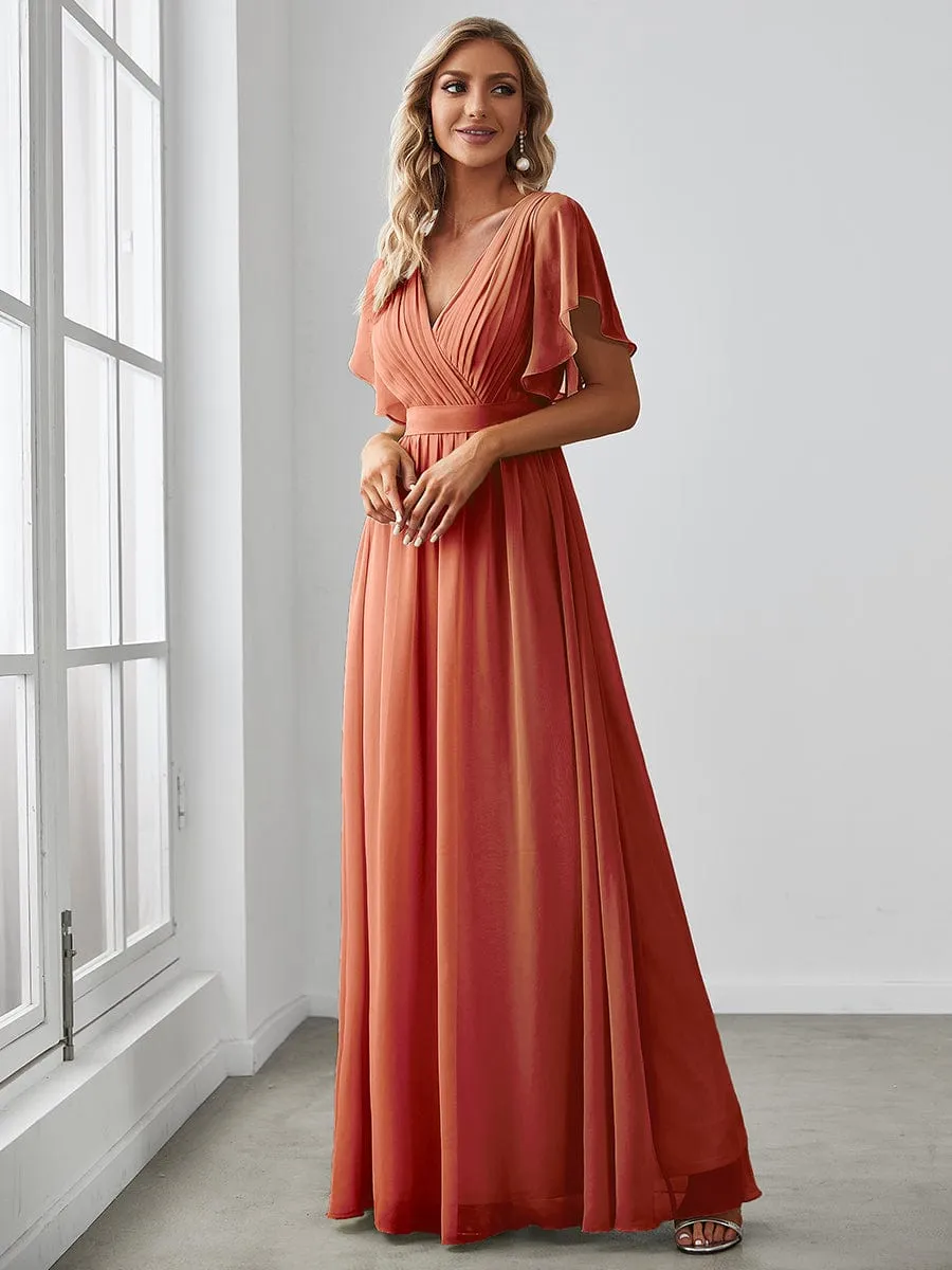 V-Neck Flutter Sleeve Floor-Length A-Line Chiffon Evening Dress