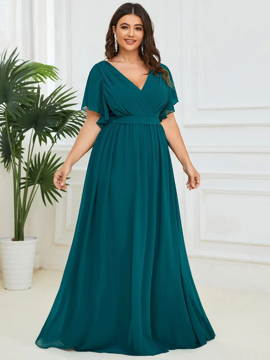 V-Neck Flutter Sleeve Floor-Length A-Line Chiffon Evening Dress