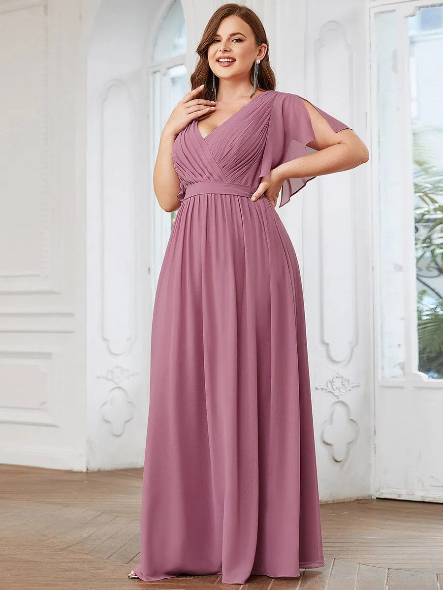 V-Neck Flutter Sleeve Floor-Length A-Line Chiffon Evening Dress