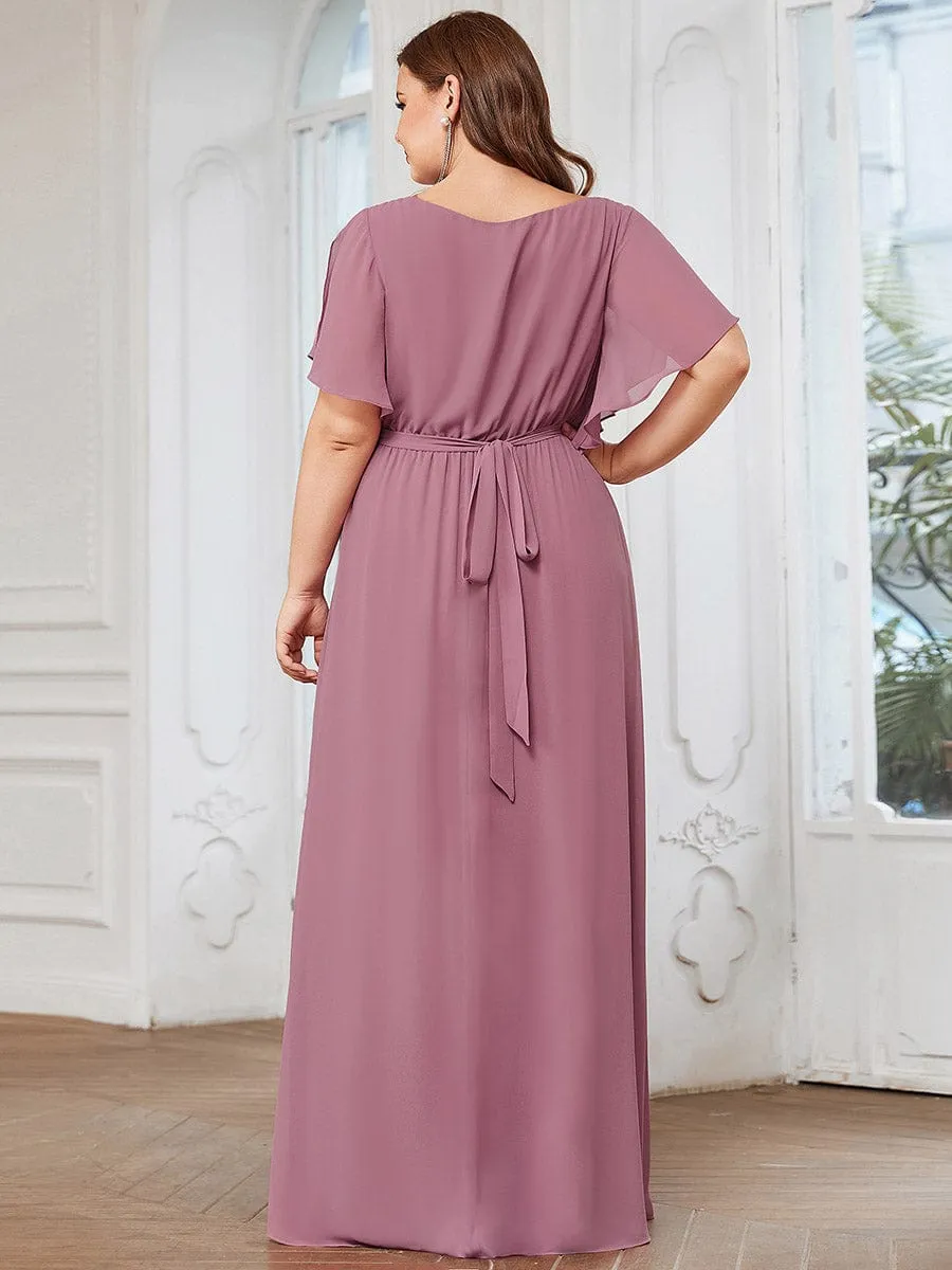 V-Neck Flutter Sleeve Floor-Length A-Line Chiffon Evening Dress