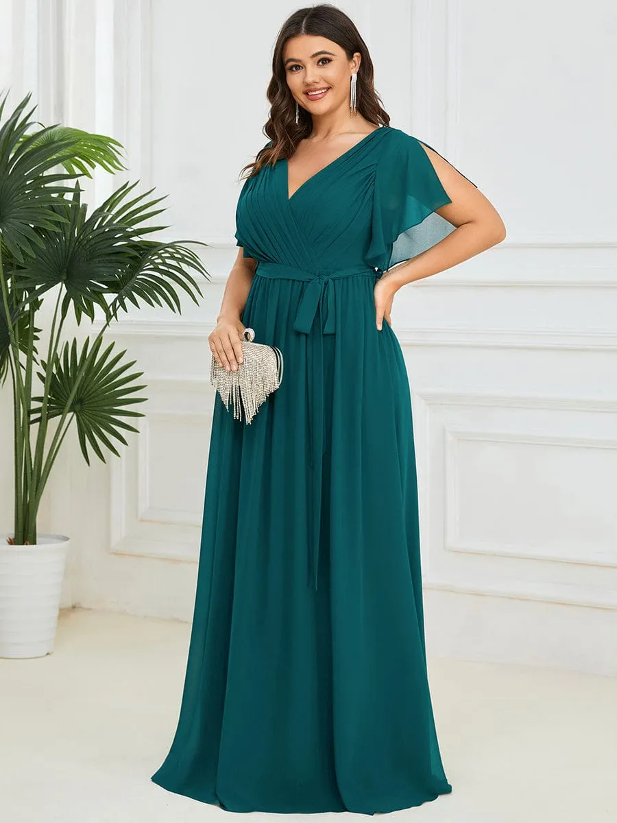 V-Neck Flutter Sleeve Floor-Length A-Line Chiffon Evening Dress