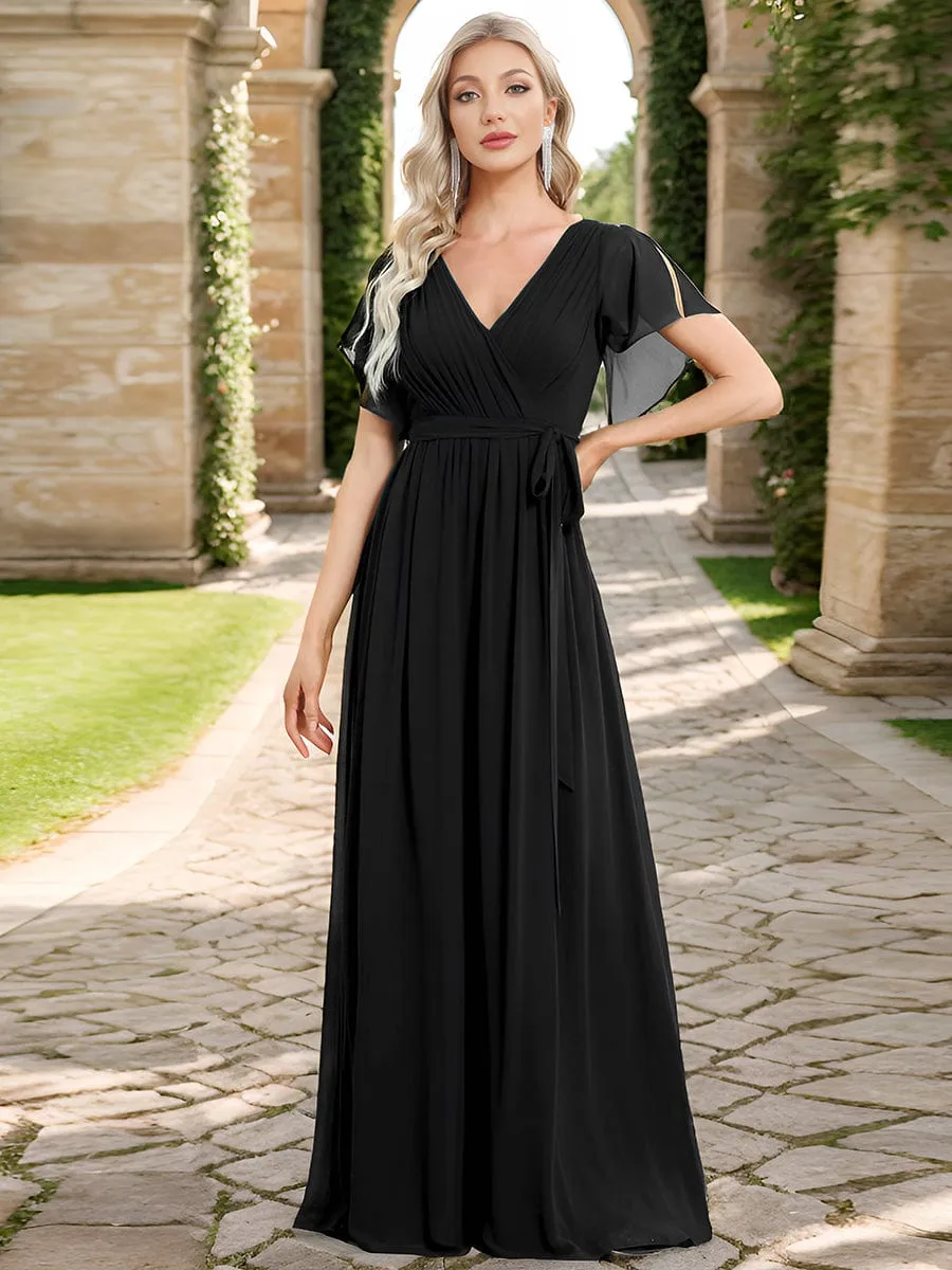 V-Neck Flutter Sleeve Floor-Length A-Line Chiffon Evening Dress