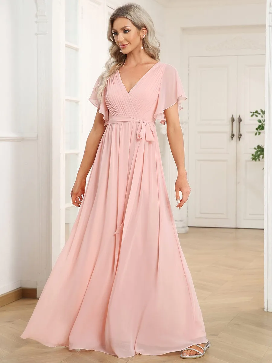 V-Neck Flutter Sleeve Floor-Length A-Line Chiffon Evening Dress