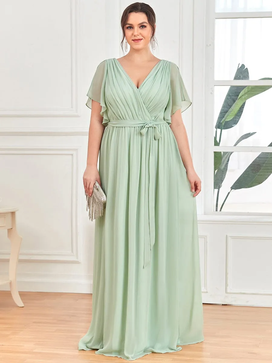 V-Neck Flutter Sleeve Floor-Length A-Line Chiffon Evening Dress