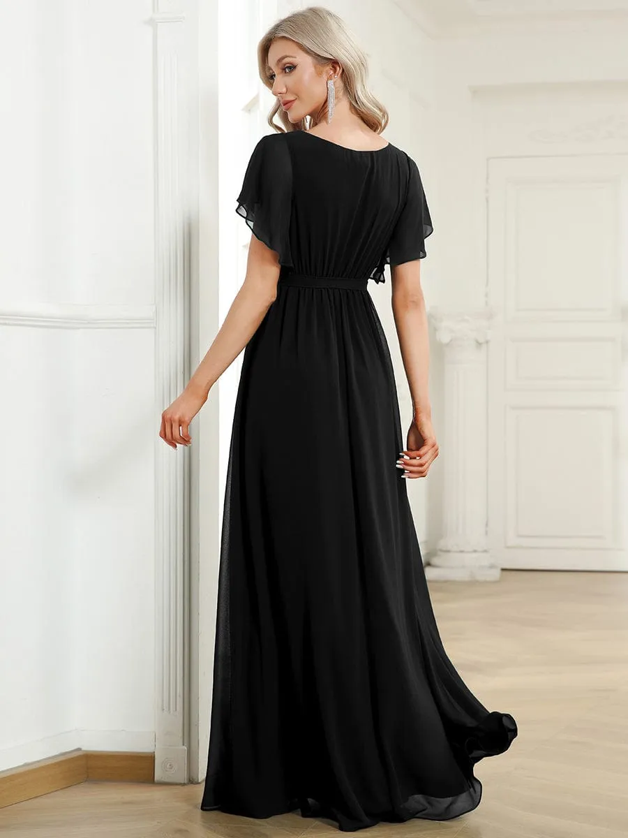 V-Neck Flutter Sleeve Floor-Length A-Line Chiffon Evening Dress