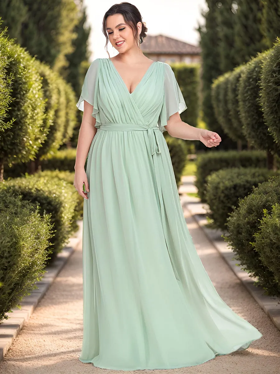 V-Neck Flutter Sleeve Floor-Length A-Line Chiffon Evening Dress