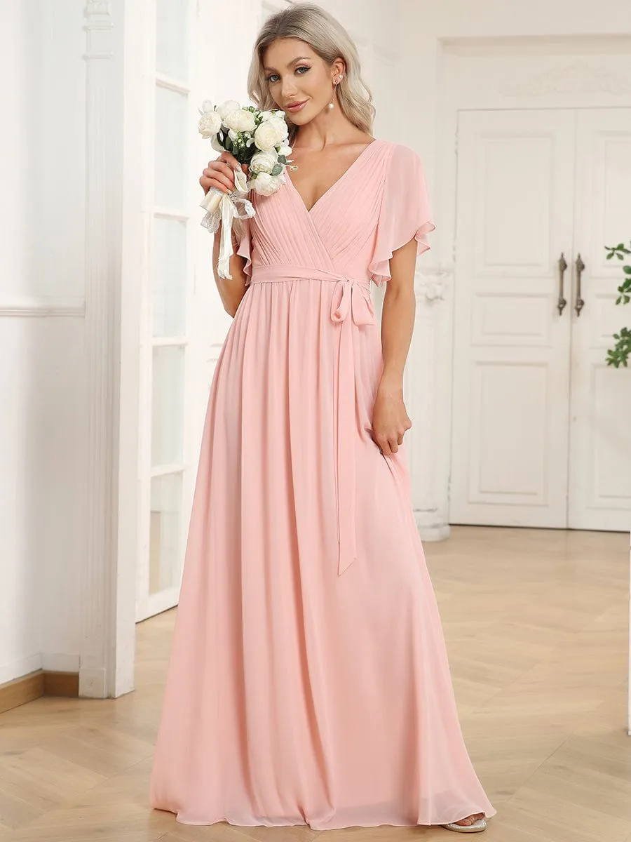 V-Neck Flutter Sleeve Floor-Length A-Line Chiffon Evening Dress
