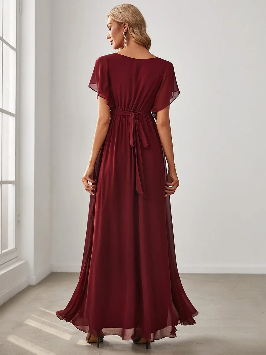 V-Neck Flutter Sleeve Floor-Length A-Line Chiffon Evening Dress