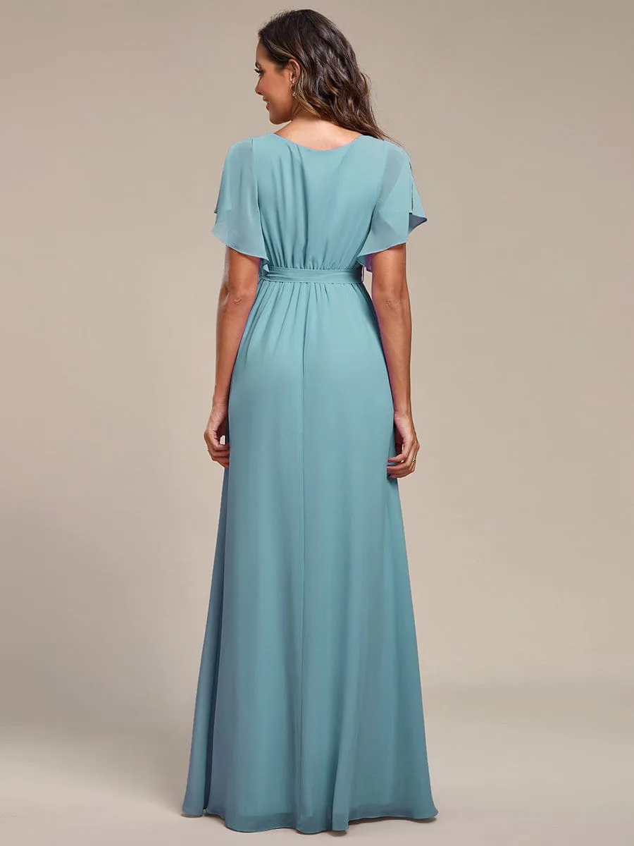 V-Neck Flutter Sleeve Floor-Length A-Line Chiffon Evening Dress