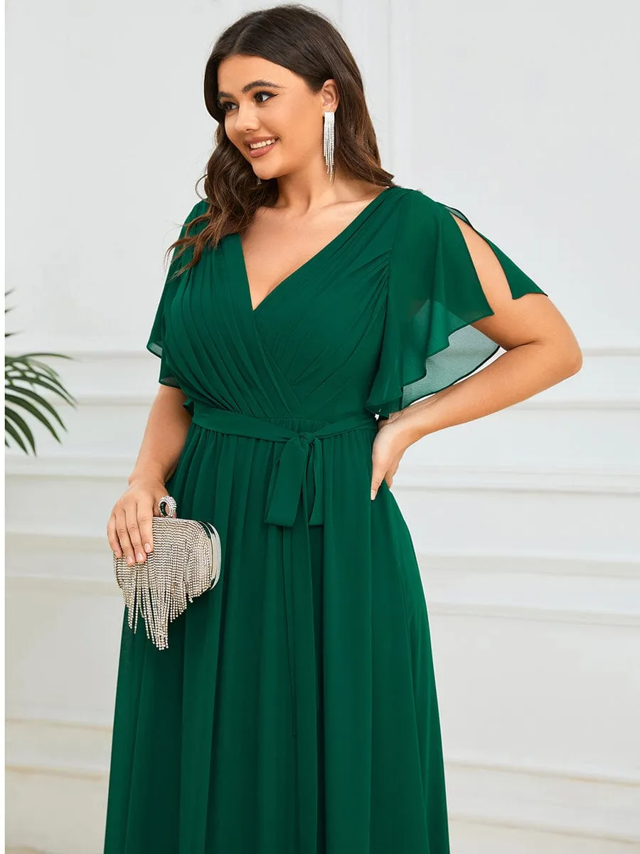 V-Neck Flutter Sleeve Floor-Length A-Line Chiffon Evening Dress
