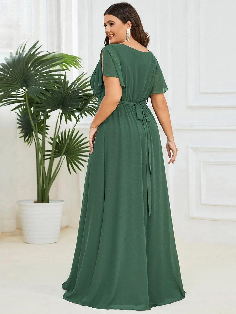 V-Neck Flutter Sleeve Floor-Length A-Line Chiffon Evening Dress