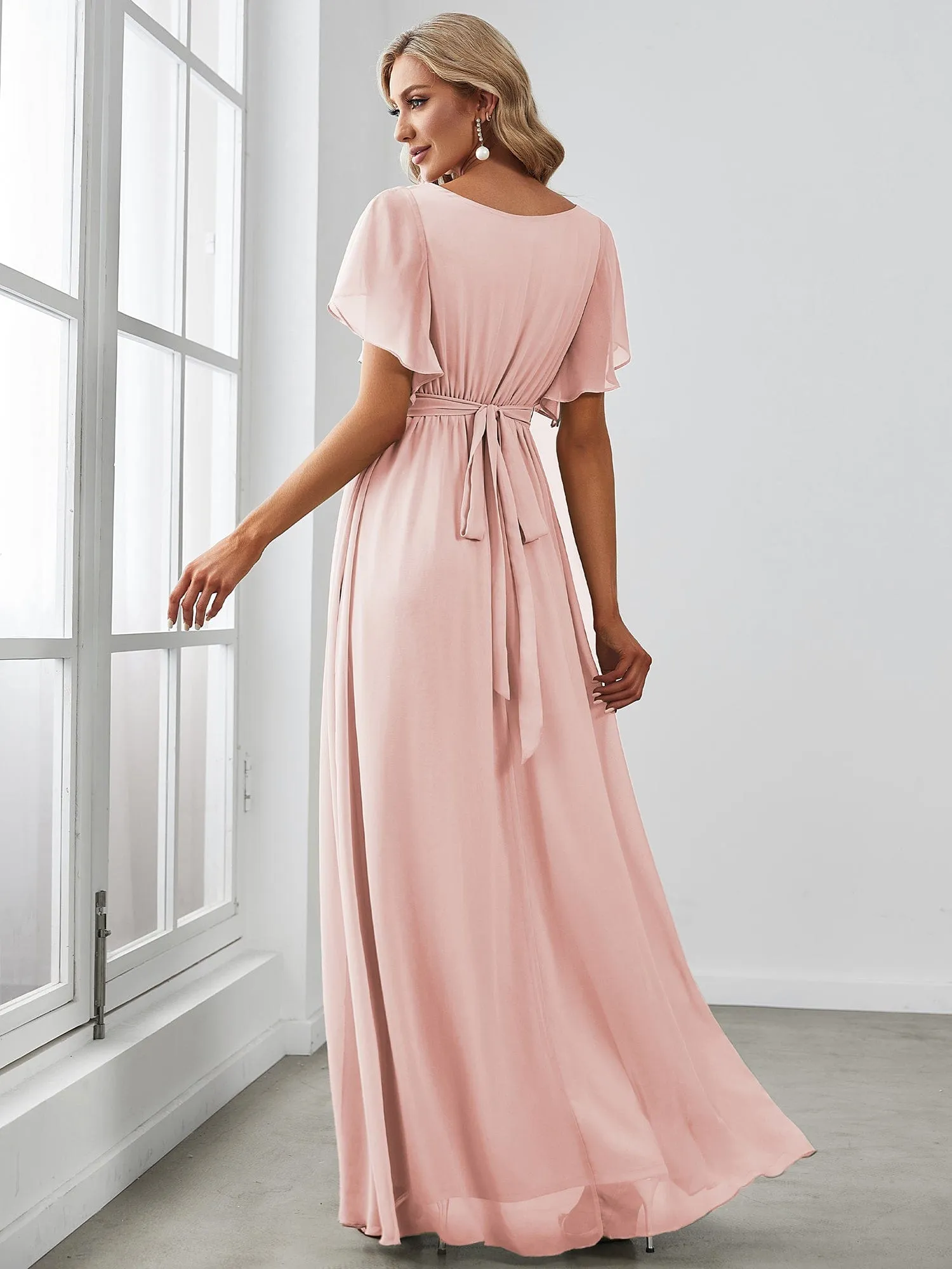 V-Neck Flutter Sleeve Floor-Length A-Line Chiffon Evening Dress