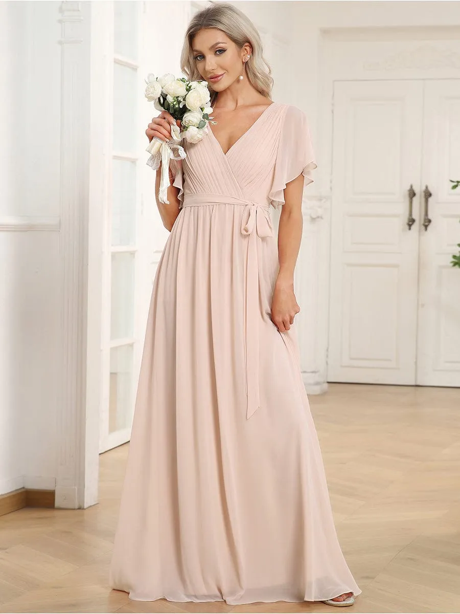 V-Neck Flutter Sleeve Floor-Length A-Line Chiffon Evening Dress