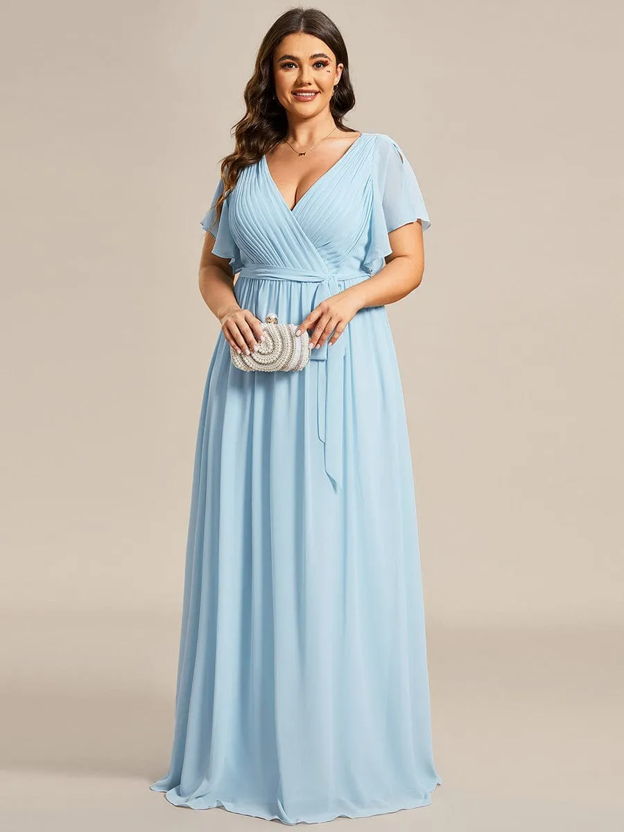 V-Neck Flutter Sleeve Floor-Length A-Line Chiffon Evening Dress