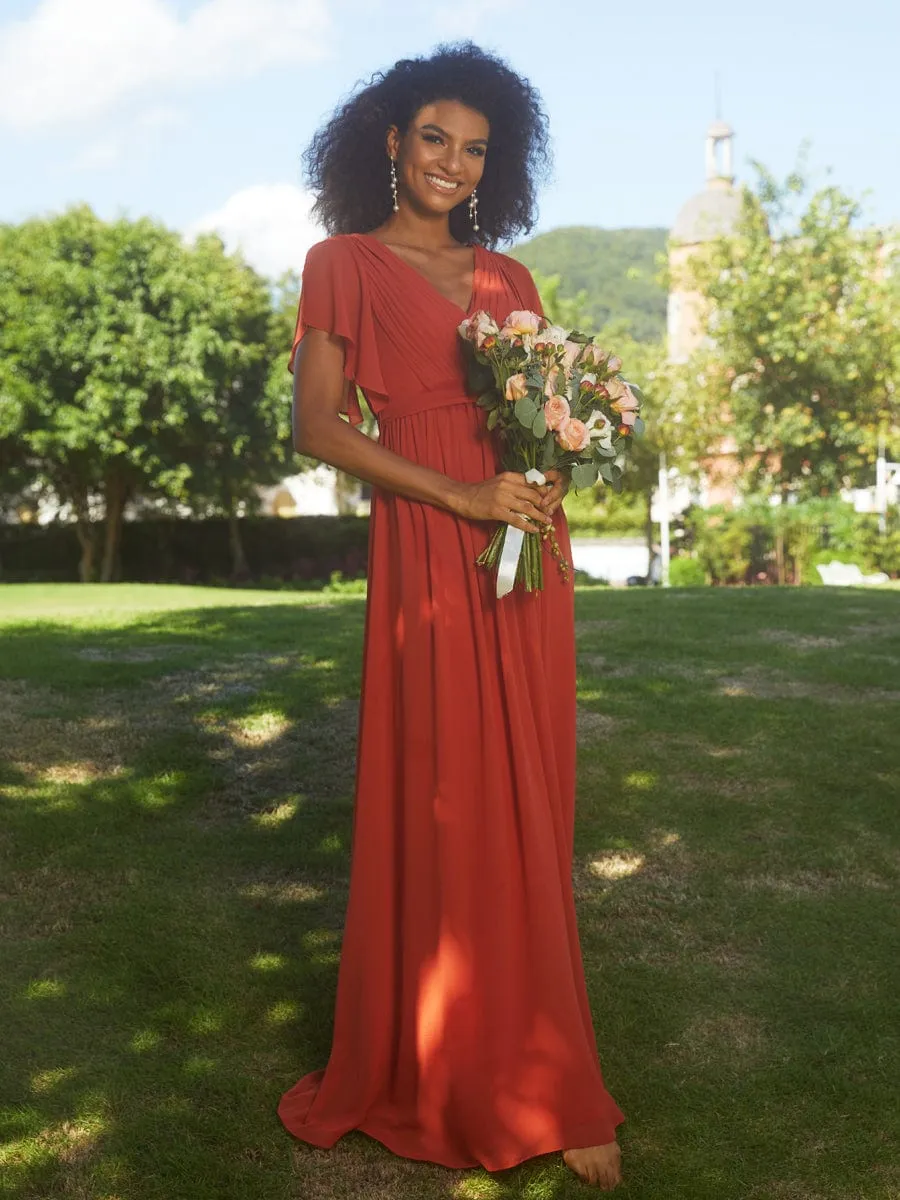 V-Neck Flutter Sleeve Floor-Length A-Line Chiffon Evening Dress