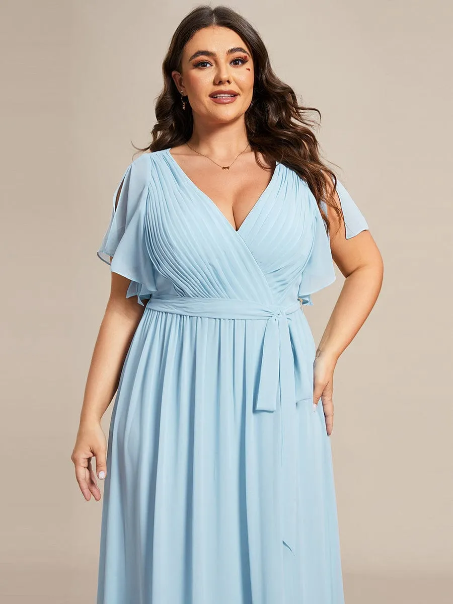 V-Neck Flutter Sleeve Floor-Length A-Line Chiffon Evening Dress