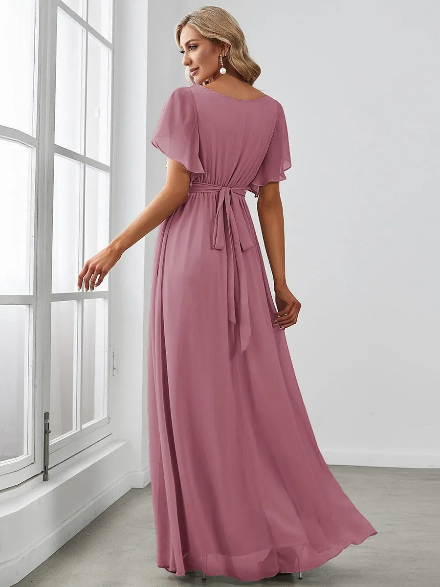 V-Neck Flutter Sleeve Floor-Length A-Line Chiffon Evening Dress