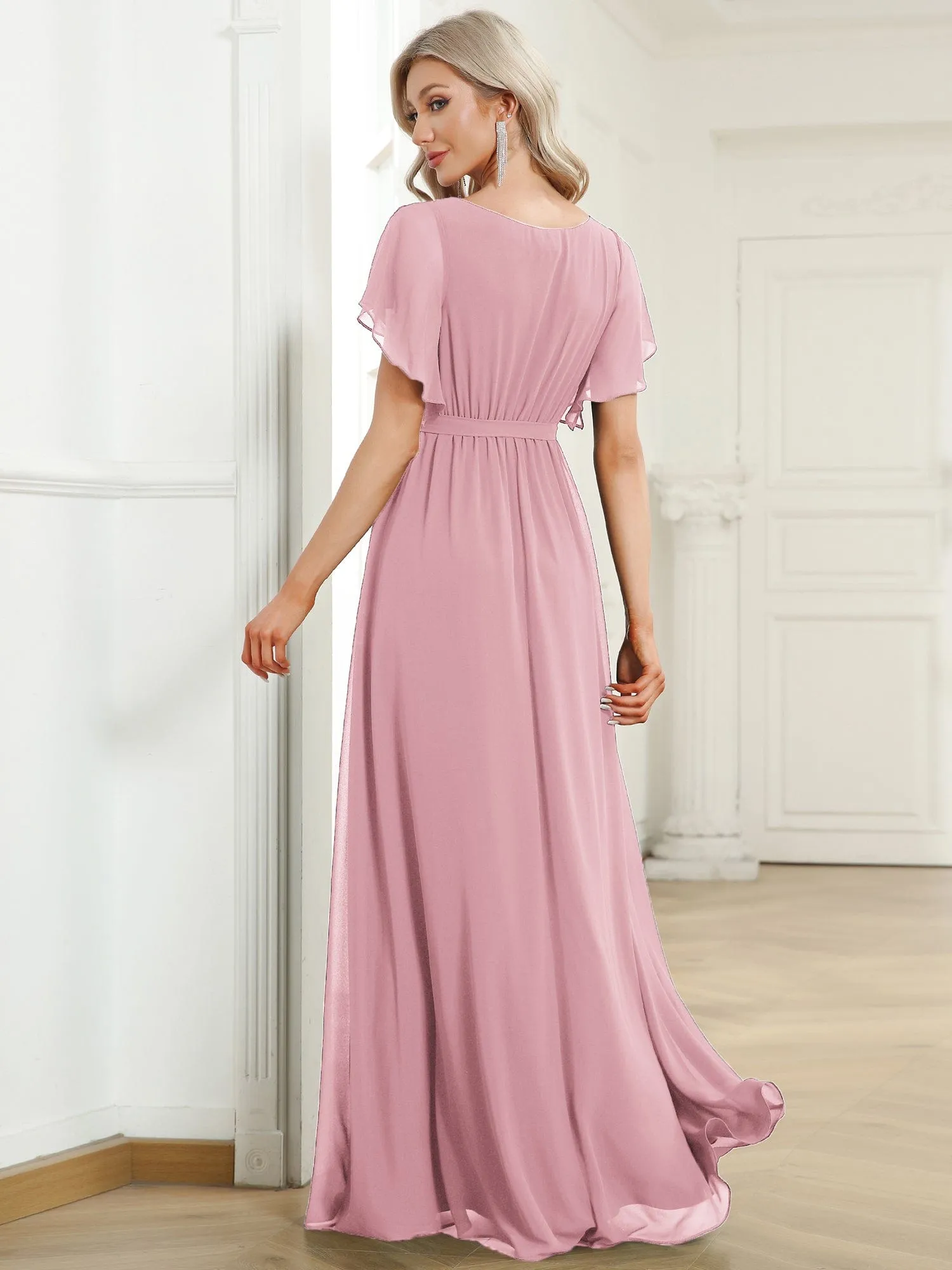 V-Neck Flutter Sleeve Floor-Length A-Line Chiffon Evening Dress