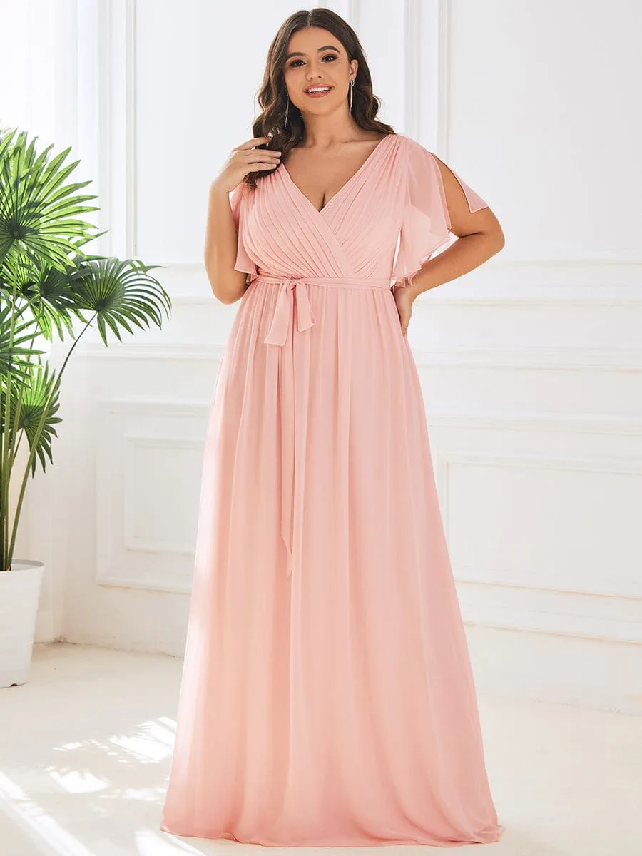V-Neck Flutter Sleeve Floor-Length A-Line Chiffon Evening Dress